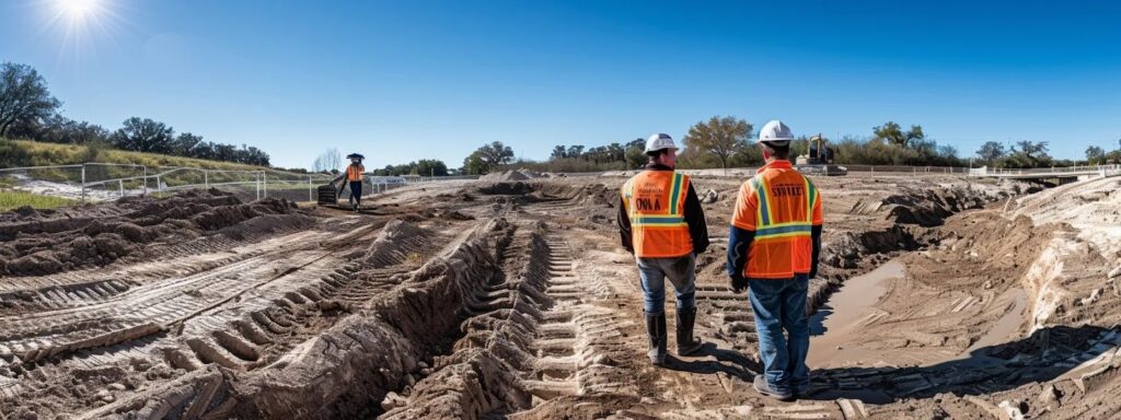 inspectors conducting a final inspection for drainage elevation grades erosion control and road compliance on a commercial excavation project